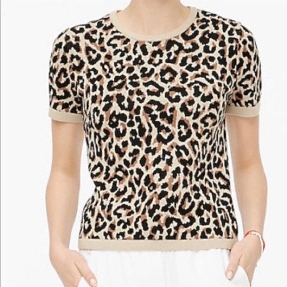 J.Crew Leopard Print Short Sleeve Sweater Top Classic‎ Tan Brown Black Small